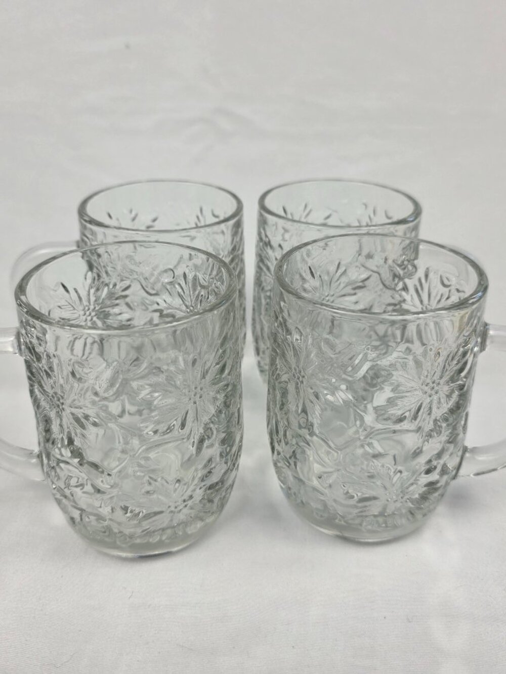 FOUR Princess House Fantasia Cups Clear Pressed Glass Floral Design